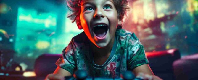 Picture of young boy smiling and playing video games